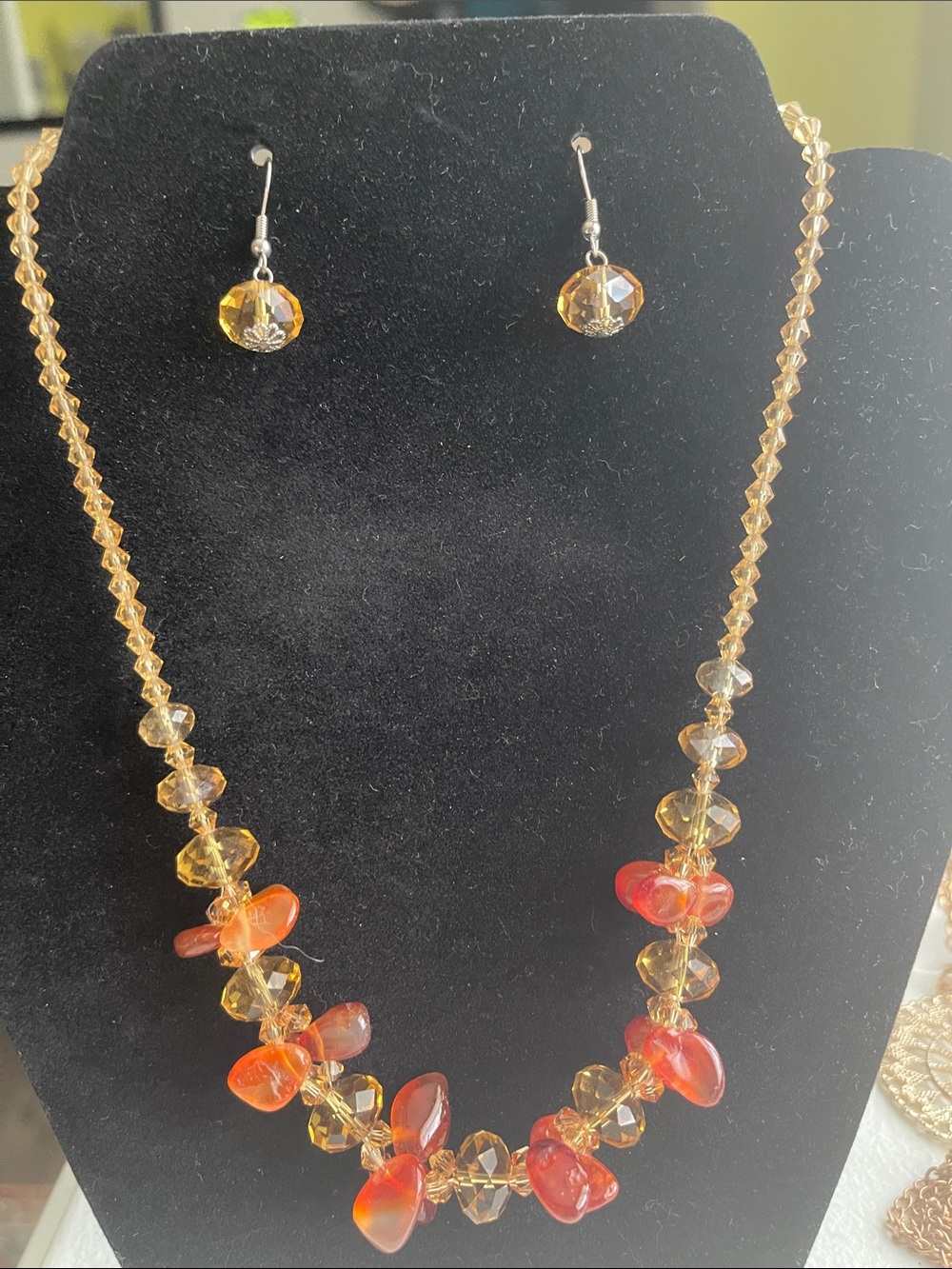 Gold and Red-Orange Beaded Necklace with Matching Earrings